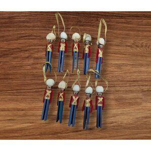 Set Of 10 Handmade Nutcracker Soldier Clothespin Ornaments With Gold Ribbon Hang